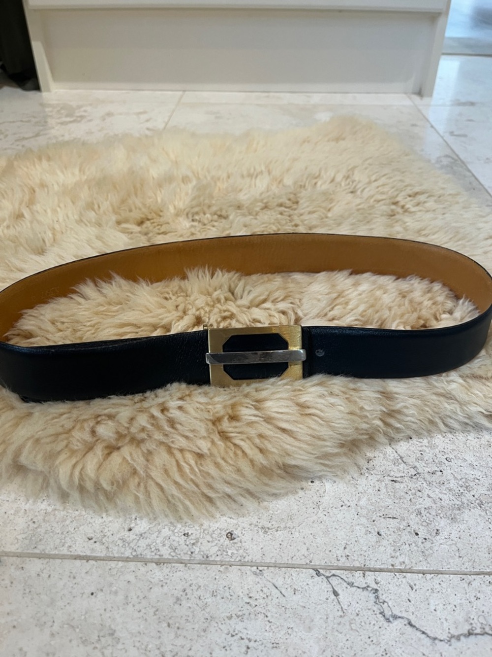 Vintage Black Calfskin Leather Belt with Solid Brass Buckle - Italy - Sz 34